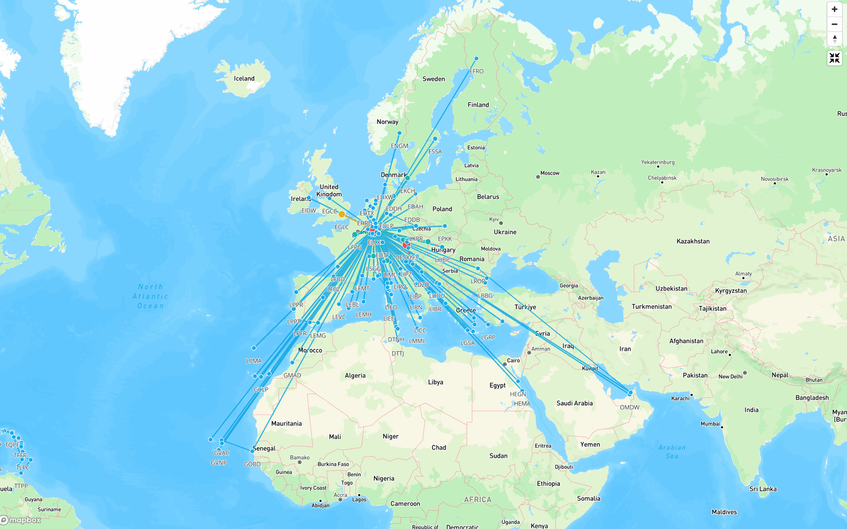Interactive flight route map showing flight paths and airports visited